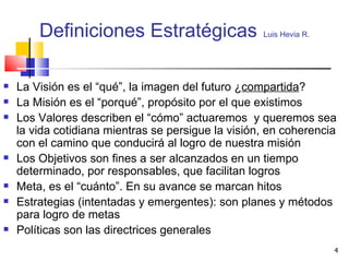 Definiciones Estratégicas   Luis Hevia R. La Visión es el “qué”, la imagen del futuro ¿ compartida ? La Misión es el “porqué”, propósito por el que existimos Los Valores describen el “cómo” actuaremos  y queremos sea la vida cotidiana mientras se persigue la visión, en coherencia con el camino que conducirá al logro de nuestra misión Los Objetivos son fines a ser alcanzados en un tiempo determinado, por responsables, que facilitan logros Meta, es el “cuánto”. En su avance se marcan hitos Estrategias (intentadas y emergentes): son planes y métodos para logro de metas Políticas son las directrices generales 