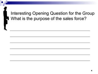 Interesting Opening Question for the Group What is the purpose of the sales force? _________________________________________________ _________________________________________________ _________________________________________________ _________________________________________________ _________________________________________________ _________________________________________________ 