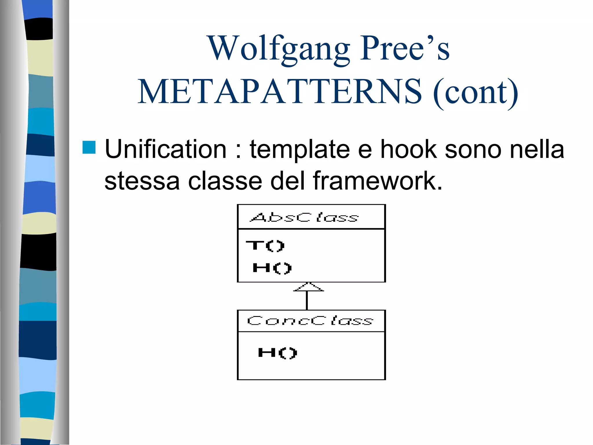 Wolfgang Pree’s METAPATTERNS (cont) Unification : template e hook sono nella stessa classe del framework. 