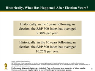 Historically, What Has Happened After Election Years? Historically, in the 5 years following an election, the S&P 500 Index has averaged 9.30% per year. Historically, in the 10 years following an election, the S&P 500 Index has averaged 10.25% per year. Source:  Ibbotson Associates 2007. S&P 500® Index: Widely regarded as the standard for measuring large cap U.S. stock market performance, this popular index includes a representative sample of leading companies in leading industries. Indexes are unmanaged, do not reflect the deduction of fees or  expenses, and are not available for direct investment.  Performance data quoted above are historical. Past performance is no guarantee of future results. Current performance may be higher or lower than the performance data quoted. 