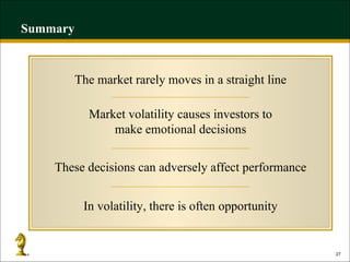 Summary The market rarely moves in a straight line Market volatility causes investors to make emotional decisions In volatility, there is often opportunity These decisions can adversely affect performance 