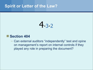 Spirit or Letter of the Law? Section 404 Can external auditors “independently” test and opine on management’s report on internal controls if they played any role in preparing the document? 4 - 3 - 2 
