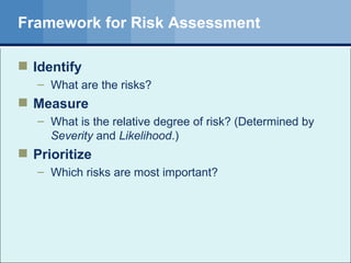 Framework for Risk Assessment Identify What are the risks? Measure What is the relative degree of risk? (Determined by  Severity  and  Likelihood .) Prioritize Which risks are most important? 