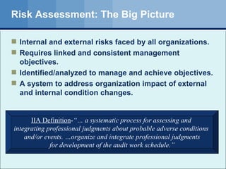 Risk Assessment: The Big Picture Internal and external risks faced by all organizations. Requires linked and consistent management objectives. Identified/analyzed to manage and achieve objectives. A system to address organization impact of external and internal condition changes. IIA Definition - “… a systematic process for assessing and  integrating professional judgments about probable adverse conditions  and/or events. …organize and integrate professional judgments for development of the audit work schedule.” 