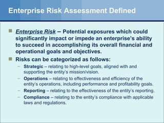 Enterprise Risk Assessment Defined Enterprise Risk  –  Potential exposures which could significantly impact or impede an enterprise’s ability to succeed in accomplishing its overall financial and operational goals and objectives. Risks can be categorized as follows: Strategic  – relating to high-level goals, aligned with and supporting the entity’s mission/vision. Operations  – relating to effectiveness and efficiency of the entity’s operations, including performance and profitability goals. Reporting  – relating to the effectiveness of the entity’s reporting. Compliance  – relating to the entity’s compliance with applicable laws and regulations. 