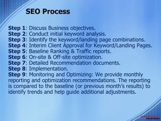 SEO Process Step 1 : Discuss Business objectives. Step 2 : Conduct initial keyword analysis. Step 3 : Identify the keyword/landing page combinations. Step 4 : Interim Client Approval for Keyword/Landing Pages. Step 5 : Baseline Ranking & Traffic reports.  Step 6 : On-site & Off-site optimization.  Step 7 : Detailed Recommendation documents.  Step 8 : Implementation. Step 9 : Monitoring and Optimizing: We provide monthly reporting and optimization recommendations. The reporting is compared to the baseline (or previous month’s results) to identify trends and help guide additional adjustments.  