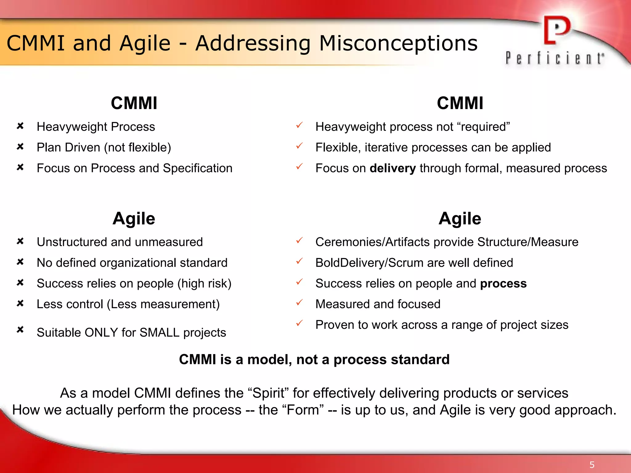 CMMI and Agile - Addressing Misconceptions CMMI Heavyweight Process Plan Driven (not flexible) Focus on Process and Specification Agile Unstructured and unmeasured No defined organizational standard Success relies on people (high risk) Less control (Less measurement) Suitable ONLY for SMALL projects   CMMI Heavyweight process not “required” Flexible, iterative processes can be applied Focus on  delivery  through formal, measured process  Agile Ceremonies/Artifacts provide Structure/Measure BoldDelivery/Scrum are well defined Success relies on people and  process Measured and focused Proven to work across a range of project sizes CMMI is a model, not a process standard As a model CMMI defines the “Spirit” for effectively delivering products or services How we actually perform the process -- the “Form” -- is up to us, and Agile is very good approach. 