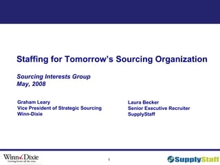 Staffing for Tomorrow’s Sourcing Organization Sourcing Interests Group  May, 2008 Graham Leary Vice President of Strategic Sourcing  Winn-Dixie Laura Becker Senior Executive Recruiter  SupplyStaff 