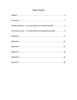 Table of Contents


Abstract…………………………………………………………………………………..2


Introduction………………………………………………………………………………3


Experiential Essay – University Relations at Freudenberg-NOK…………………..4


Connections Essay – The Labor Market and College Recruitment………………14


References……………………………………………………………………………..21


Appendix A……………………………………………………………………………..23


Appendix B……………………………………………………………………………..27


Appendix C……………………………………………………………………………..29


Appendix D……………………………………………………………………………..42


Appendix E……………………………………………………………………………..46
 