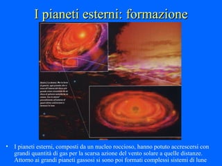 I pianeti esterni: formazione I pianeti esterni, composti da un nucleo roccioso, hanno potuto accrescersi con grandi quantità di gas per la scarsa azione del vento solare a quelle distanze. Attorno ai grandi pianeti gassosi si sono poi formati complessi sistemi di lune 