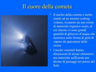 Il cuore della cometa Il nucleo della cometa è molto simile ad un enorme iceberg volante, ricoperto da una crosta di materiale organico scuro, al cui interno vi sono grandi quantità di ghiaccio d’acqua che fuoriesce sotto forma di getti di vapore da spaccature della crosta I nuclei cometari hanno dimensioni di alcuni chilometri, ma materiale sufficiente per decine di passaggi nei pressi del Sole 