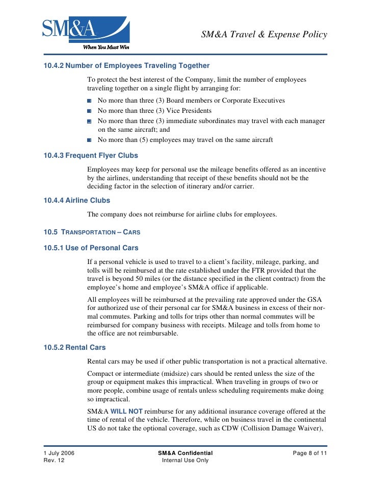 12 Internal Use Only 8 SMA Travel Expense Policy 12 Internal Use Only 8 SMA Travel Expense Policy