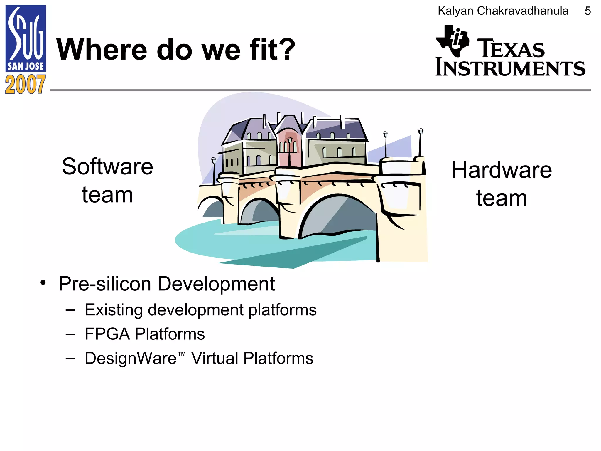 Where do we fit? Pre-silicon Development Existing development platforms  FPGA Platforms DesignWare ™  Virtual Platforms Software team Hardware team 
