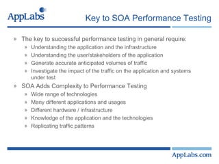 Key to SOA Performance Testing The key to successful performance testing in general require: Understanding the application and the infrastructure Understanding the user/stakeholders of the application Generate accurate anticipated volumes of traffic Investigate the impact of the traffic on the application and systems under test SOA Adds Complexity to Performance Testing Wide range of technologies Many different applications and usages Different hardware / infrastructure Knowledge of the application and the technologies Replicating traffic patterns 