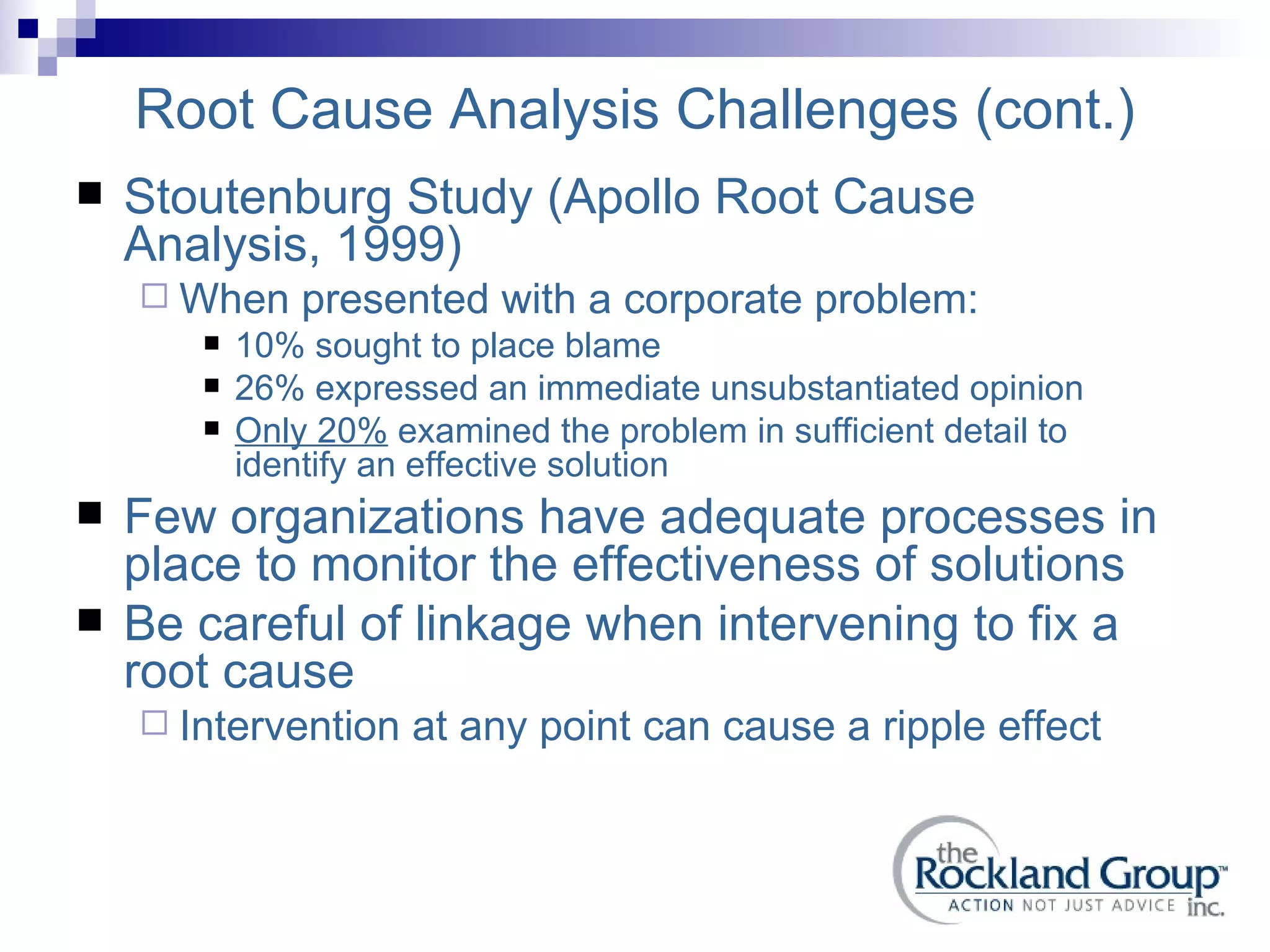 Root Cause Analysis Challenges (cont.) Stoutenburg Study (Apollo Root Cause Analysis, 1999) When presented with a corporate problem: 10% sought to place blame 26% expressed an immediate unsubstantiated opinion Only 20%  examined the problem in sufficient detail to identify an effective solution Few organizations have adequate processes in place to monitor the effectiveness of solutions Be careful of linkage when intervening to fix a root cause Intervention at any point can cause a ripple effect 
