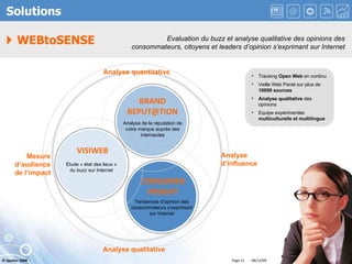 CONSUMER INSIGHT    WEBtoSENSE Solutions Evaluation du buzz et analyse qualitative des opinions des consommateurs, citoyens et leaders d’opinion s’exprimant sur Internet VISIWEB BRAND [email_address] Tracking  Open Web  en continu Veille Web Panel sur plus de  10000 sources Analyse qualitative  des opinions Equipe expérimentée  multiculturelle   et multilingue Etude « état des lieux » du buzz sur Internet Analyse de la réputation de votre marque auprès des internautes Tendances d’opinion des consommateurs s’exprimant sur Internet Analyse quantitative Analyse d’influence Analyse qualitative Mesure d’audience de l’impact 