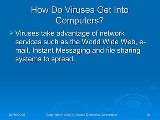 How Do Viruses Get Into Computers? Viruses take advantage of network services such as the World Wide Web, e-mail, Instant Messaging and file sharing systems to spread. 