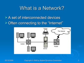 What is a Network? A set of interconnected devices Often connecting to the “Internet” 