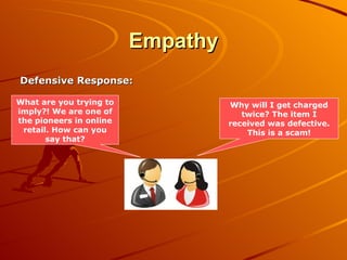 Empathy Defensive Response: Why will I get charged twice? The item I received was defective. This is a scam! What are you trying to imply?! We are one of the pioneers in online retail. How can you say that? 