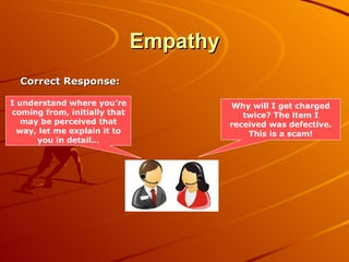 Empathy Correct Response: Why will I get charged twice? The item I received was defective. This is a scam! I understand where you’re coming from, initially that may be perceived that way, let me explain it to you in detail… 