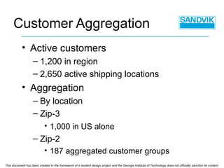 Active customers 1,200 in region 2,650 active shipping locations Aggregation By location Zip-3 1,000 in US alone   Zip-2 187 aggregated customer groups Customer Aggregation This document has been created in the framework of a student design project and the Georgia Institute of Technology does not officially sanction its content. 