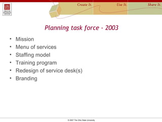Planning task force - 2003 <ul><li>Mission  </li></ul><ul><li>Menu of services </li></ul><ul><li>Staffing model </li></ul>...