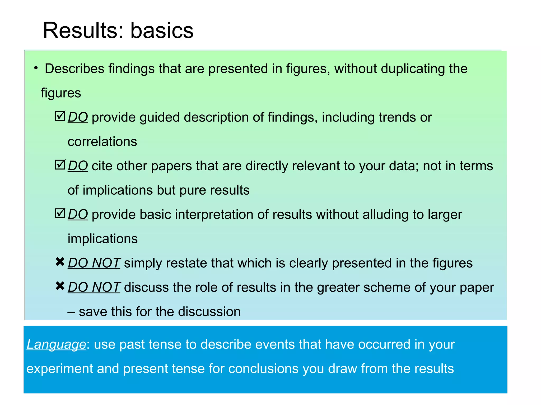 Results: basics Describes findings that are presented in figures, without duplicating the figures DO  provide guided description of findings, including trends or correlations DO  cite other papers that are directly relevant to your data; not in terms of implications but pure results DO  provide basic interpretation of results without alluding to larger implications DO NOT  simply restate that which is clearly presented in the figures DO NOT  discuss the role of results in the greater scheme of your paper – save this for the discussion Language : use past tense to describe events that have occurred in your experiment and present tense for conclusions you draw from the results 
