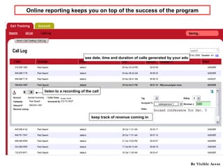 Be Visible Assoc Be Visible Assoc Online reporting keeps you on top of the success of the program caller ID listen to a recording of the call keep track of revenue coming in sample business Susan Smith salesperson 1 see date, time and duration of calls generated by your ads 