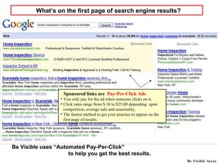What’s on the first page of search engine results? Sponsored links are  Pay-Per-Click Ads You only pay for the ad when someone clicks on it. Click rates range from $.10 to $25.00 depending  upon competition, average sale and seasonality. The fastest method to get your practice to appear on the first page of results. Be Visible Assoc Be Visible uses “Automated Pay-Per-Click”  to help you get the best results. 