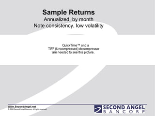 Sample Returns Annualized, by month Note consistency, low volatility 