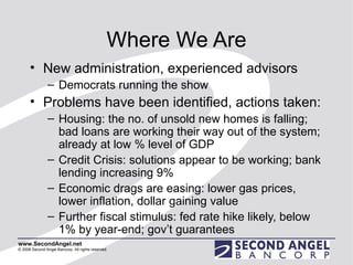 Where We Are New administration, experienced advisors Democrats running the show Problems have been identified, actions taken: Housing: the no. of unsold new homes is falling; bad loans are working their way out of the system; already at low % level of GDP Credit Crisis: solutions appear to be working; bank lending increasing 9% Economic drags are easing: lower gas prices, lower inflation, dollar gaining value Further fiscal stimulus: fed rate hike likely, below 1% by year-end; gov’t guarantees 