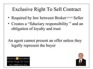 Exclusive Right To Sell Contract Required by law between Broker  Seller Creates a “fiduciary responsibility ” and an obligation of loyalty and trust  An agent cannot present an offer unless they legally represent the buyer  