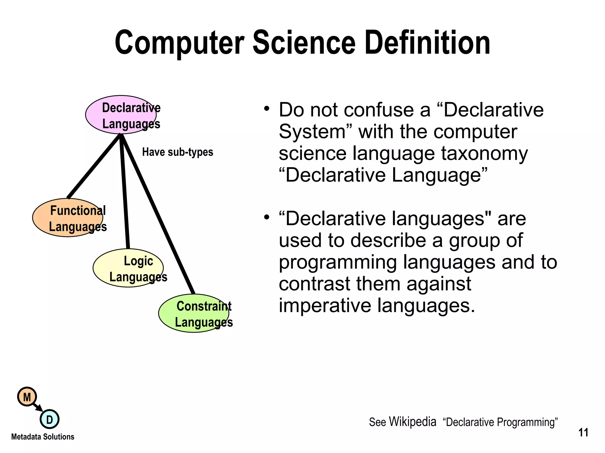 Computer Science Definition Do not confuse a “Declarative System” with the computer science language taxonomy “Declarative Language” “ Declarative languages&quot; are used to describe a group of programming languages and to contrast them against imperative languages.   Declarative Languages Functional Languages Logic Languages Constraint Languages Have sub-types See  Wikipedia   “Declarative Programming” 