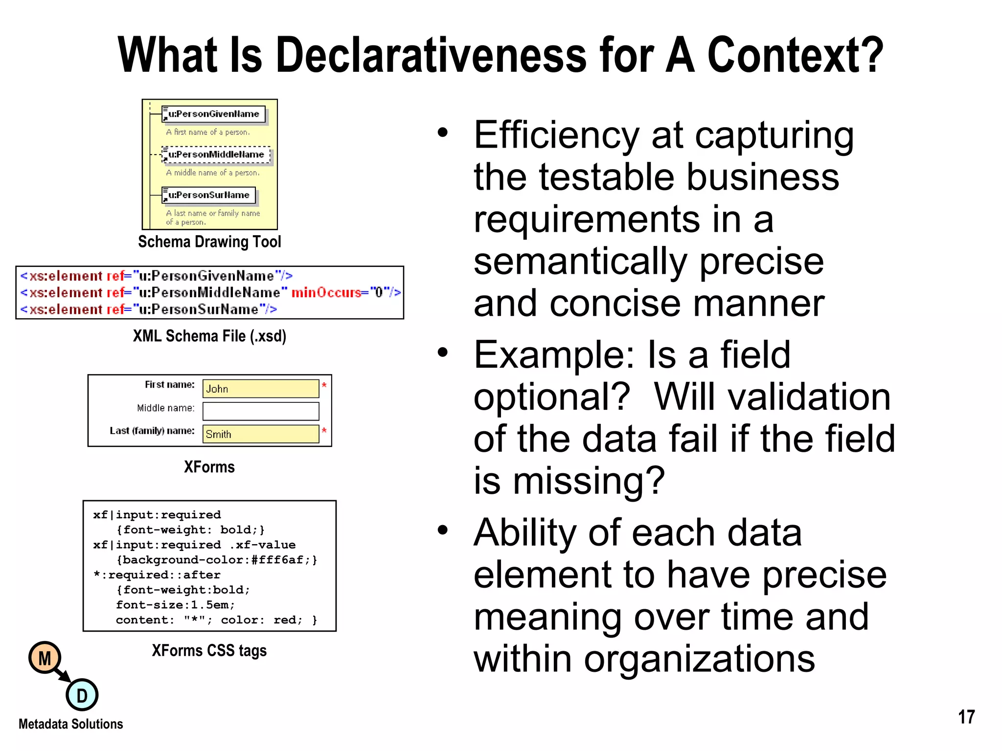 What Is Declarativeness for A Context? Efficiency at capturing the testable business requirements in a semantically precise and concise manner Example: Is a field optional?  Will validation of the data fail if the field is missing? Ability of each data element to have precise meaning over time and within organizations Schema Drawing Tool XML Schema File (.xsd) XForms xf|input:required {font-weight: bold;}  xf|input:required .xf-value {background-color:#fff6af;} *:required::after {font-weight:bold; font-size:1.5em; content: &quot;*&quot;; color: red; }  XForms CSS tags 