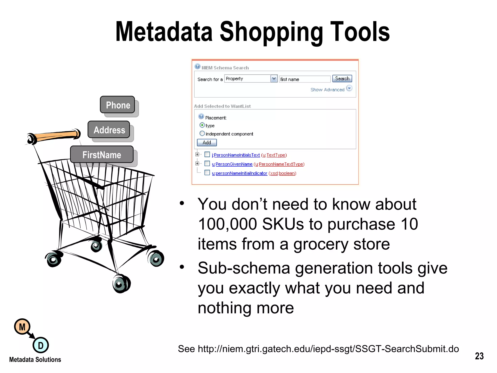 Metadata Shopping Tools You don’t need to know about 100,000 SKUs to purchase 10 items from a grocery store Sub-schema generation tools give you exactly what you need and nothing more Phone Address FirstName See http://niem.gtri.gatech.edu/iepd-ssgt/SSGT-SearchSubmit.do 