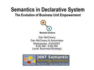 Semantics in Declarative System The Evolution of Business Unit Empowerment Dan McCreary Dan McCreary & Associates Wednesday, 5/23/2007  8:00 AM - 9:00 AM  Level: Business/Strategic M D Metadata Solutions 