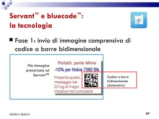 Servant ™  e bluecode ™ : la tecnologia Fase 1: invio di immagine comprensiva di codice a barre bidimensionale Codice a barre bidimensionale (datamatrix) File immagine precaricato sul Servant™ GEAR.it- Mob2.0 