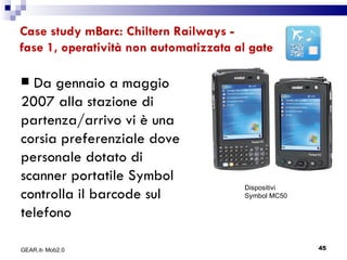 Case study mBarc: Chiltern Railways -  fase 1, operatività non automatizzata al gate Da gennaio a maggio 2007 alla stazione di partenza/arrivo vi è una corsia preferenziale dove personale dotato di scanner portatile Symbol controlla il barcode sul telefono Dispositivi  Symbol MC50 GEAR.it- Mob2.0 