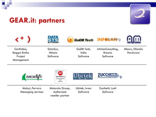 GEAR.it: partners Certhidea, Reggio Emilia Project Management DataSys, Milano Software GoDB Tech, India Software InfolanConsulting, Brescia Software Mbarc, Olanda Hardware Mobyt, Ferrara Messaging services Motorola Group, Authorized reseller partner Ubitek, Ivrea Software Zucchetti, Lodi Software 