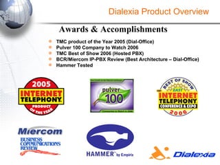 TMC product of the Year 2005 (Dial-Office) Pulver 100 Company to Watch 2006 TMC Best of Show 2006 (Hosted PBX) BCR/Miercom IP-PBX Review (Best Architecture – Dial-Office) Hammer Tested Awards & Accomplishments Dialexia Product Overview 
