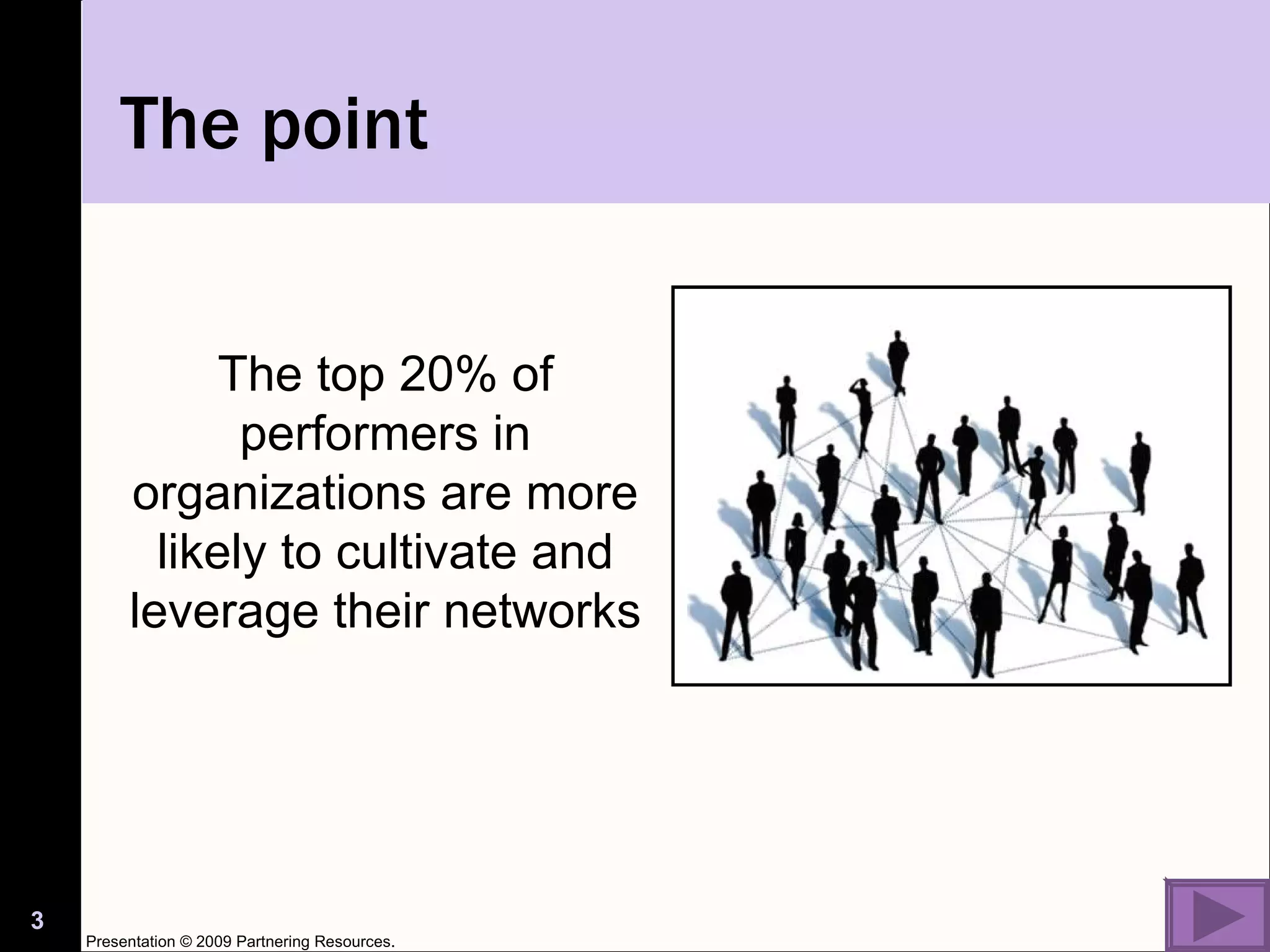 The point The top 20% of performers in organizations are more likely to cultivate and leverage their networks Presentation © 2009 Partnering Resources. 