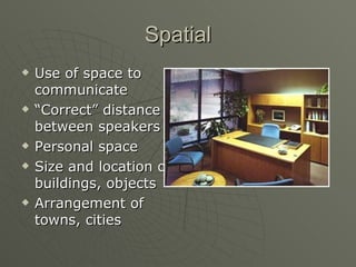 Spatial Use of space to communicate “ Correct” distance between speakers Personal space Size and location of buildings, objects Arrangement of towns, cities 