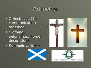 Artifactual Objects used to communicate a message Clothing, belongings, home decorations Symbolic artifacts 