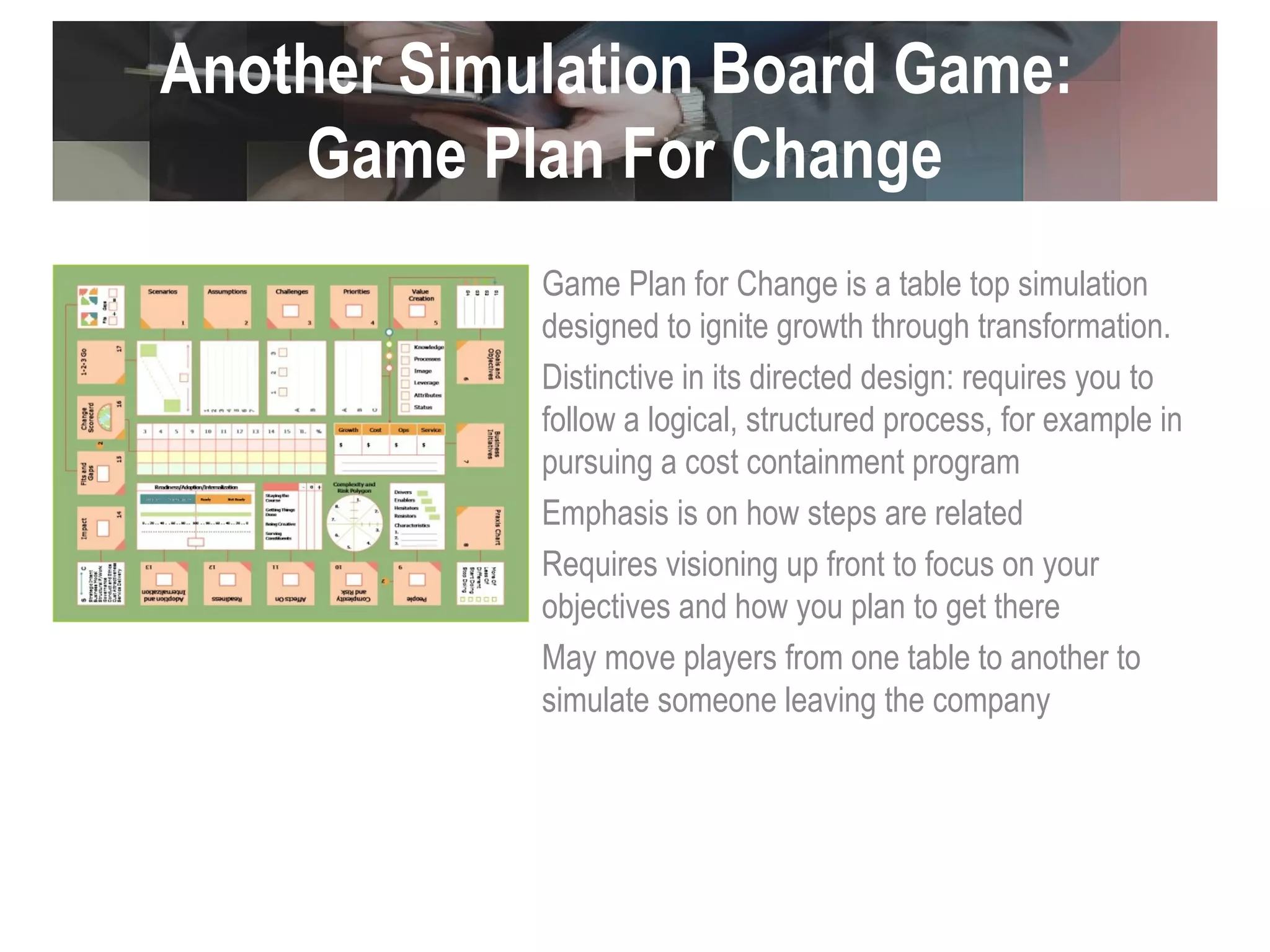 Game Plan for Change is a table top simulation designed to ignite growth through transformation. Distinctive in its directed design: requires you to follow a logical, structured process, for example in pursuing a cost containment program Emphasis is on how steps are related Requires visioning up front to focus on your objectives and how you plan to get there May move players from one table to another to simulate someone leaving the company  Another Simulation Board Game:  Game Plan For Change 