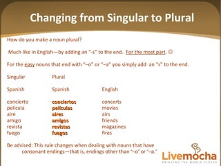Changing from Singular to Plural How do you make a noun plural? Much like in English—by adding an “-s” to the end.  For the most part .   For the  easy  nouns that end with “–o” or “–a” you simply add  an “s” to the end. Singular Plural Spanish Spanish English concierto conciertos concerts película películas movies aire aires airs amigo amigos friends revista revistas magazines fuego fuegos fires Be advised: This rule changes when dealing with nouns that have  consonant endings—that is, endings other than  “–o” or “–a.” 