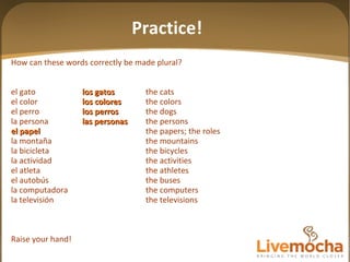 How can these words correctly be made plural? el gato los gatos the cats el color los colores the colors el perro los perros the dogs la persona las personas the persons el papel the papers; the roles la montaña the mountains la bicicleta the bicycles la actividad the activities el atleta the athletes el autobús the buses la computadora the computers la televisión the televisions Raise your hand! Practice! 