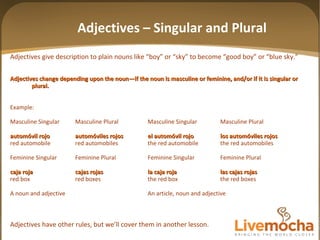 Adjectives – Singular and Plural Adjectives give description to plain nouns like “boy” or “sky” to become “good boy” or “blue sky.” Adjectives change depending upon the noun—if the noun is masculine or feminine, and/or if it is singular or plural.  Example: Masculine Singular Masculine Plural Masculine Singular Masculine Plural automóvil rojo automóviles rojos el automóvil rojo los automóviles rojos red automobile red automobiles the red automobile the red automobiles Feminine Singular Feminine Plural Feminine Singular Feminine Plural caja roja cajas rojas la caja roja las cajas rojas red box red boxes the red box the red boxes A noun and adjective An article, noun and adjective Adjectives have other rules, but we’ll cover them in another lesson. 