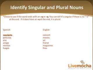 *Check to see if the word ends with an   –o  or   –a .   You can tell it's singular if there is no “–s” at the end.  If it does have an  –s  at the end, it is plural.  Spanish English concierto concert películas movies aire air amigo friend revistas magazines fuegos fires Identify Singular and Plural Nouns 