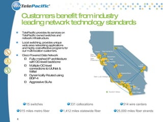 Customers benefit from industry  leading network technology standards TelePacific provides its services on TelePacific owned switches and network infrastructure.  Local switching, provides unique wide area networking applications and highly cost-effective programs for our multi-location customers. Cisco Powered Data Network Fully meshed IP architecture with OC-level backbone Multiple OC-level connections to UUNet & Wiltel Dynamically Routed using BGP-4 Aggressive SLAs 15 switches 915 miles metro fiber 1,412 miles statewide fiber 25,000 miles fiber strands 331 collocations 514 wire centers 