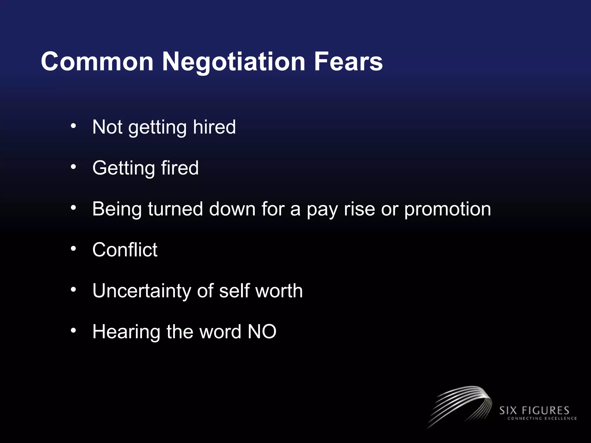 Common Negotiation Fears  Not getting hired Getting fired Being turned down for a pay rise or promotion Conflict Uncertainty of self worth Hearing the word NO 